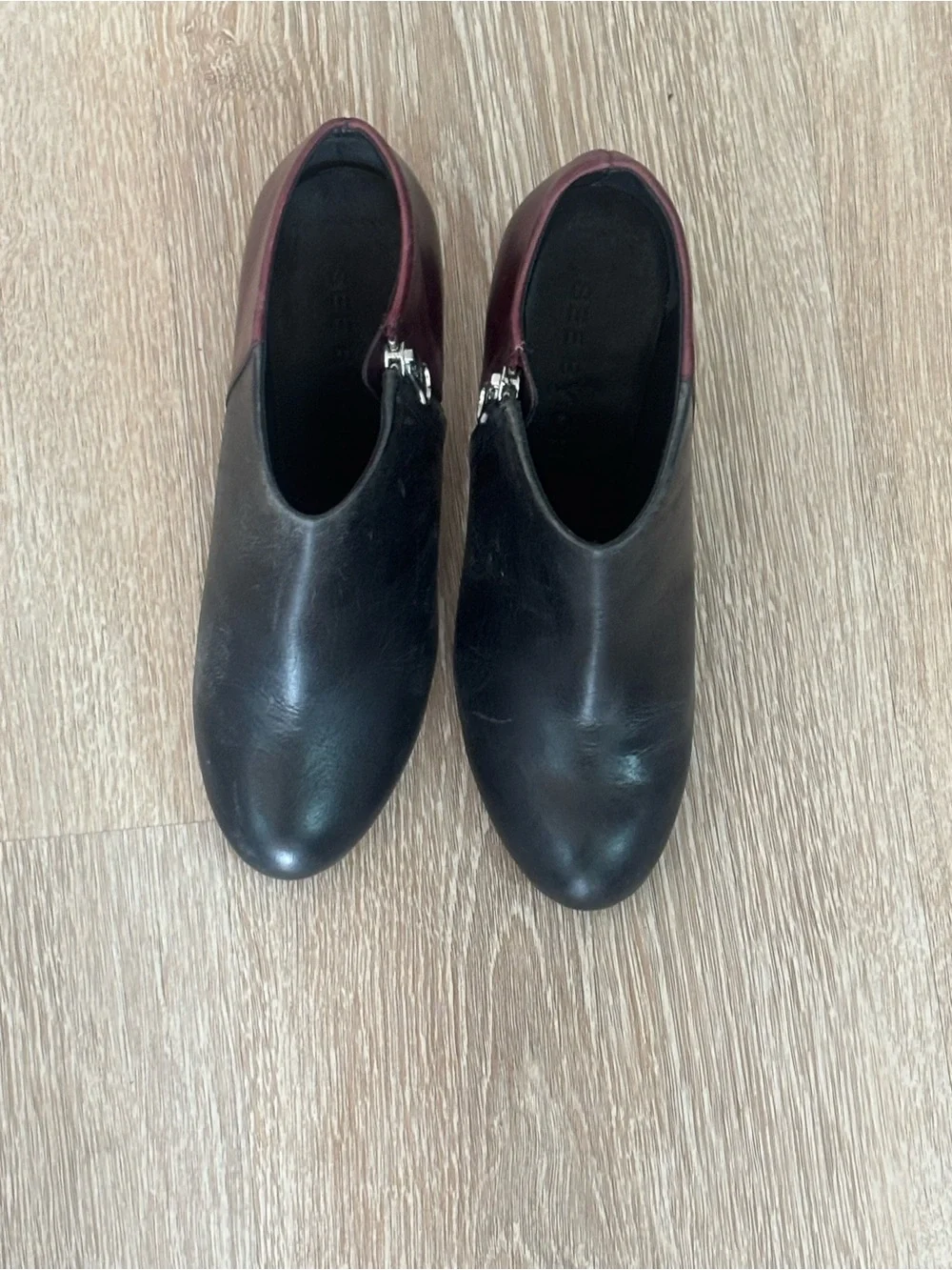 See By Chloé Two-Tone Black and Burgundy Leather Ankle Booties
